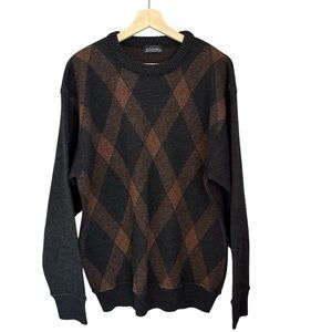 Classic Argyle Crewneck Sweater Size L Cooper Brand Retro Wool Black & Brown